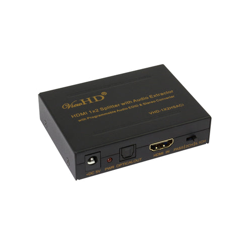 ViewHD HDMI 1x2 Splitter with Integrated Audio Extractor and D2A Stereo Audio Converter | Support Digital TOSLINK and Analog L/R Stereo Audio Outputs | VHD-1X2HSACi