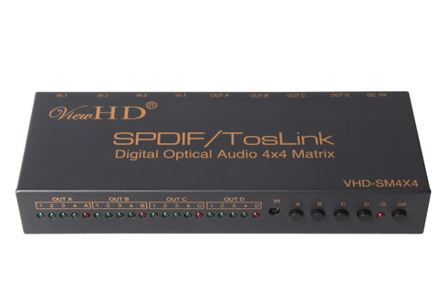 ViewHD SPDIF / TOSLINK Optical Digital Audio 4x4 True Matrix with Remote Control | VHD-SM4X4
