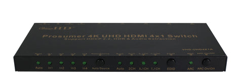 ViewHD Prosumer 4K UHD 18Gbps HDMI 4x1 Switch Support HDMI v2.0 | HDCP 2.2 | HDR & Dolby Vision | ARC | Audio Extraction: Optical Audio Output | RS232 | Model: VHD-UHD4X1A